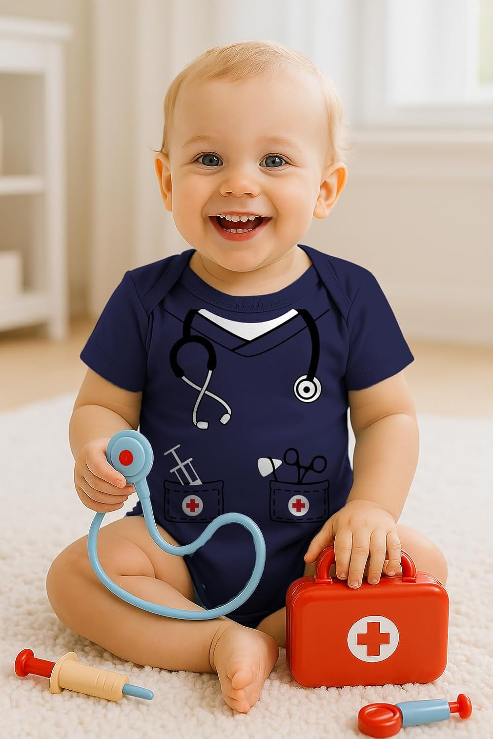 Baby Doctor or Nurse Bodysuit with Stethoscope - Infant Scrubs Halloween Themed Outfit for Girls and Boys