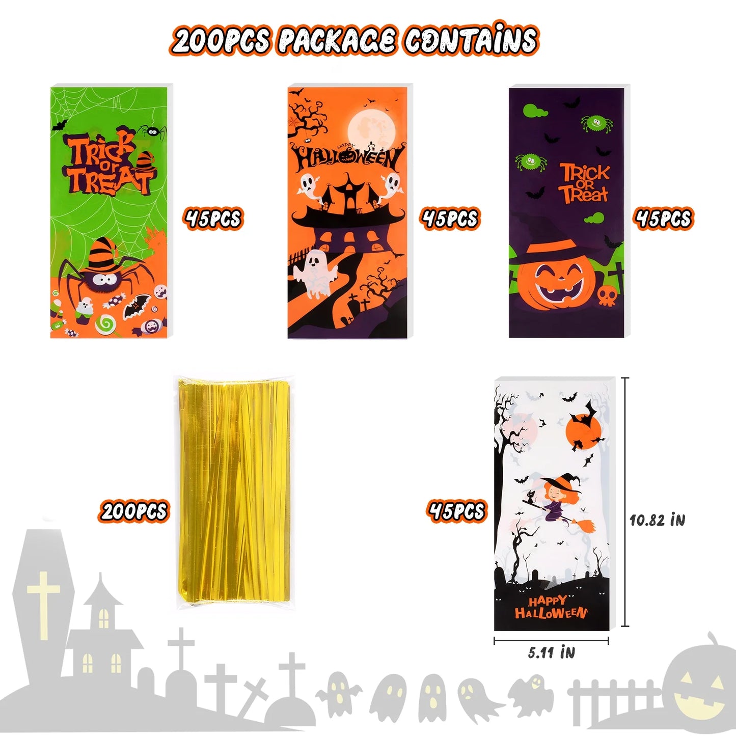 200 Pcs Halloween Treat Bags Halloween Cellophane Candy Bags Spider Web Bat Ghost Pumpkin Gift Bags with 200 Twist Ties Kids Party Candy Bags for Halloween Party Supplies