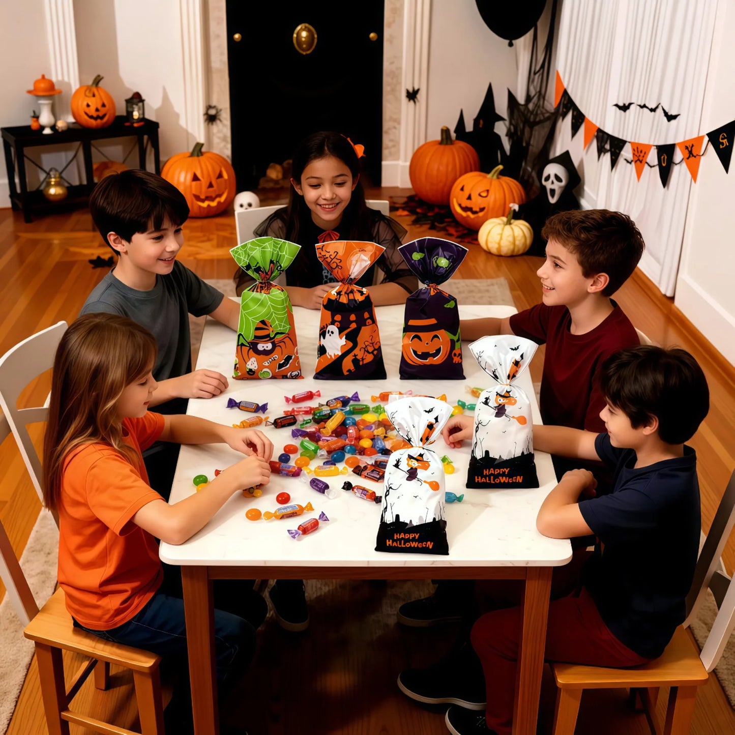 200 Pcs Halloween Treat Bags Halloween Cellophane Candy Bags Spider Web Bat Ghost Pumpkin Gift Bags with 200 Twist Ties Kids Party Candy Bags for Halloween Party Supplies