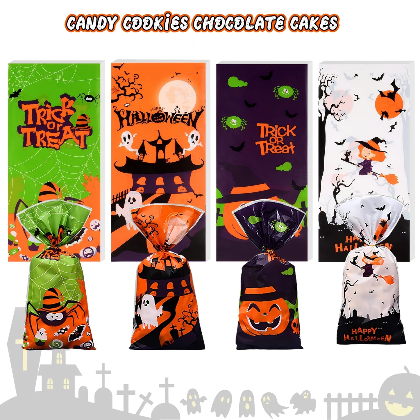 200 Pcs Halloween Treat Bags Halloween Cellophane Candy Bags Spider Web Bat Ghost Pumpkin Gift Bags with 200 Twist Ties Kids Party Candy Bags for Halloween Party Supplies