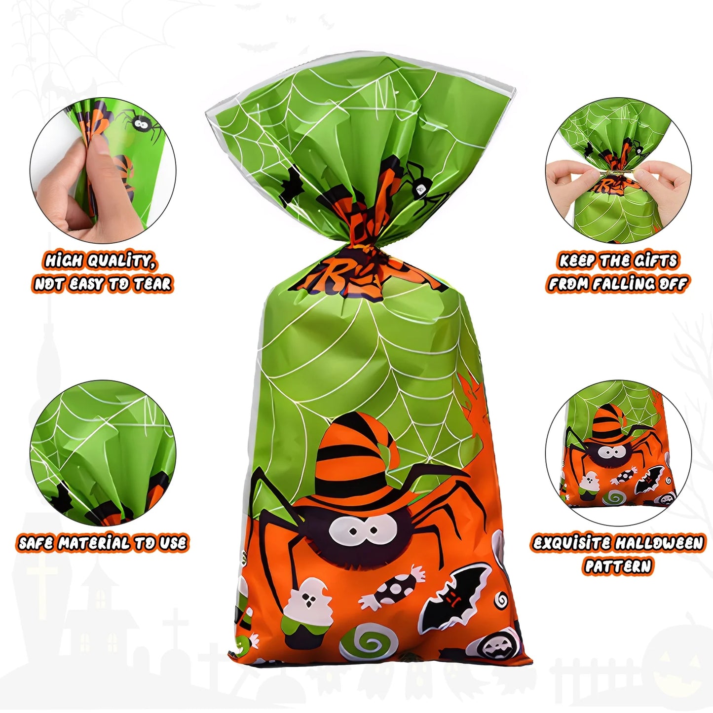 200 Pcs Halloween Treat Bags Halloween Cellophane Candy Bags Spider Web Bat Ghost Pumpkin Gift Bags with 200 Twist Ties Kids Party Candy Bags for Halloween Party Supplies