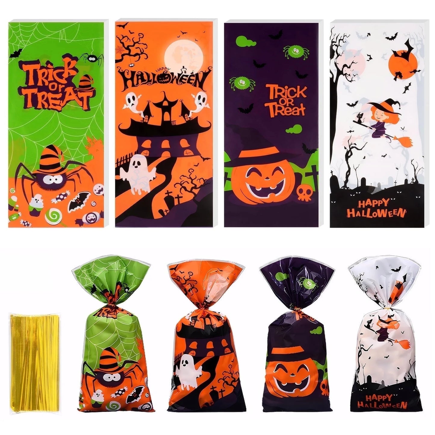 200 Pcs Halloween Treat Bags Halloween Cellophane Candy Bags Spider Web Bat Ghost Pumpkin Gift Bags with 200 Twist Ties Kids Party Candy Bags for Halloween Party Supplies