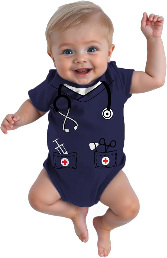 Baby Doctor or Nurse Bodysuit with Stethoscope - Infant Scrubs Halloween Themed Outfit for Girls and Boys