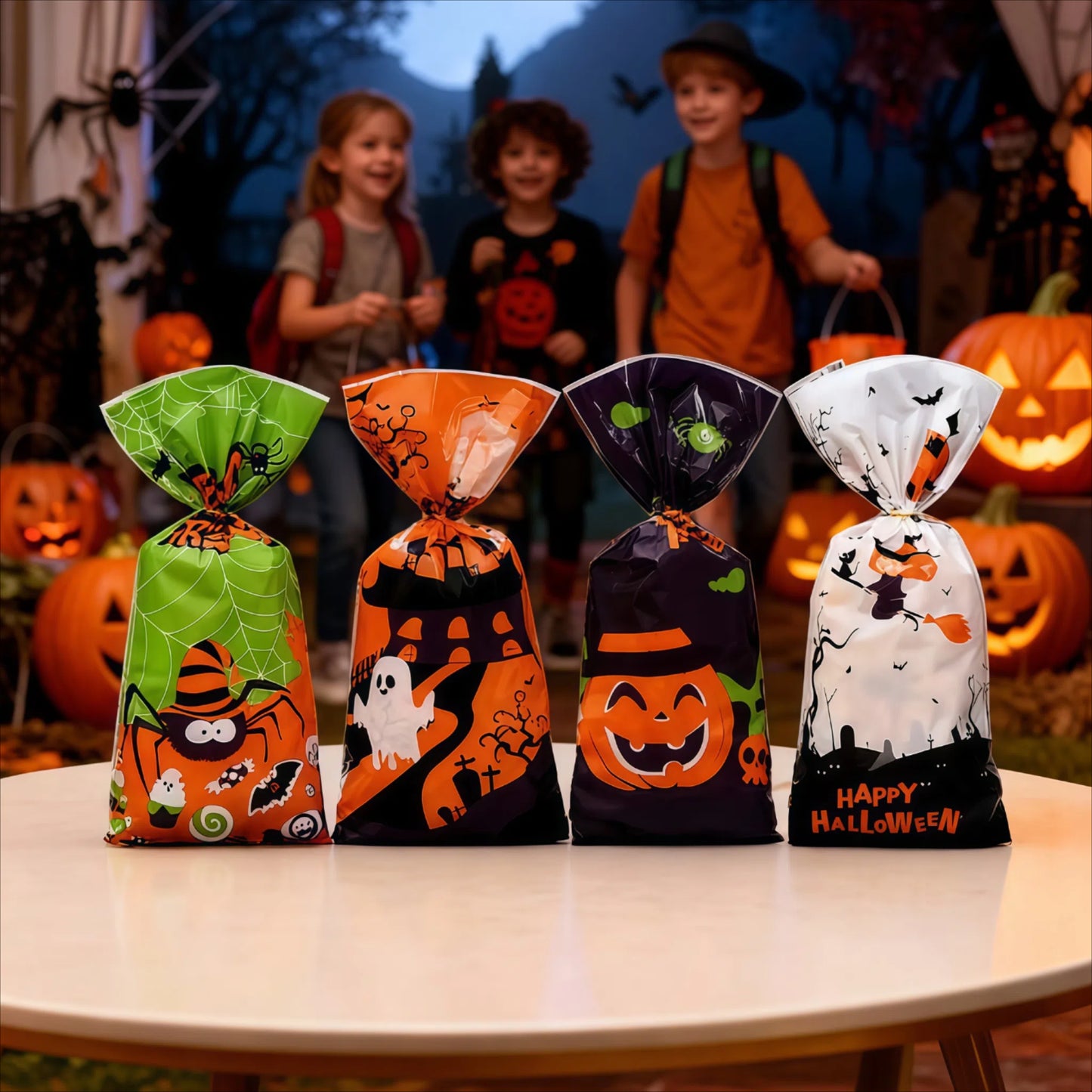 200 Pcs Halloween Treat Bags Halloween Cellophane Candy Bags Spider Web Bat Ghost Pumpkin Gift Bags with 200 Twist Ties Kids Party Candy Bags for Halloween Party Supplies