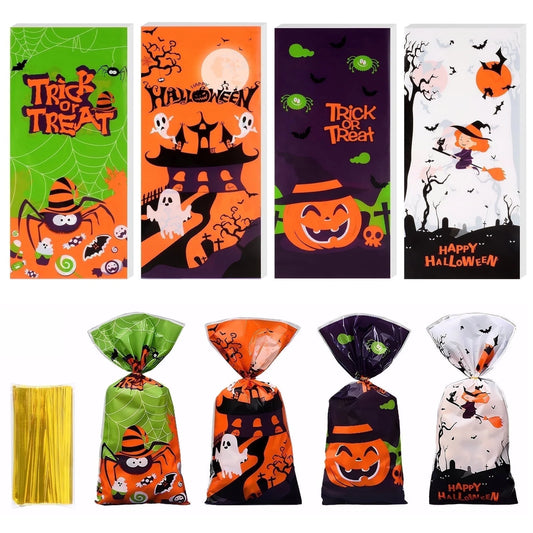 200 Pcs Halloween Treat Bags Halloween Cellophane Candy Bags Spider Web Bat Ghost Pumpkin Gift Bags with 200 Twist Ties Kids Party Candy Bags for Halloween Party Supplies